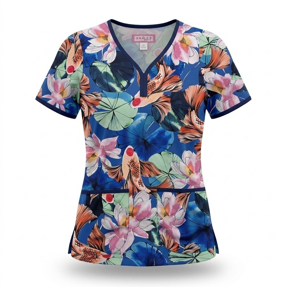 Kathy Peterson Koi Women's V-Neck‎ Scrub Top. Blue, Orange, & Pink. Size XS